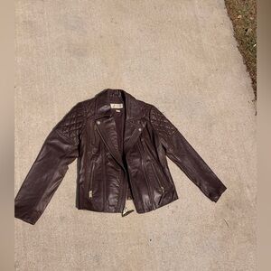 MICHAEL Michael Kors Dark Brown Quilted Leather Moto Jacket with gold accents